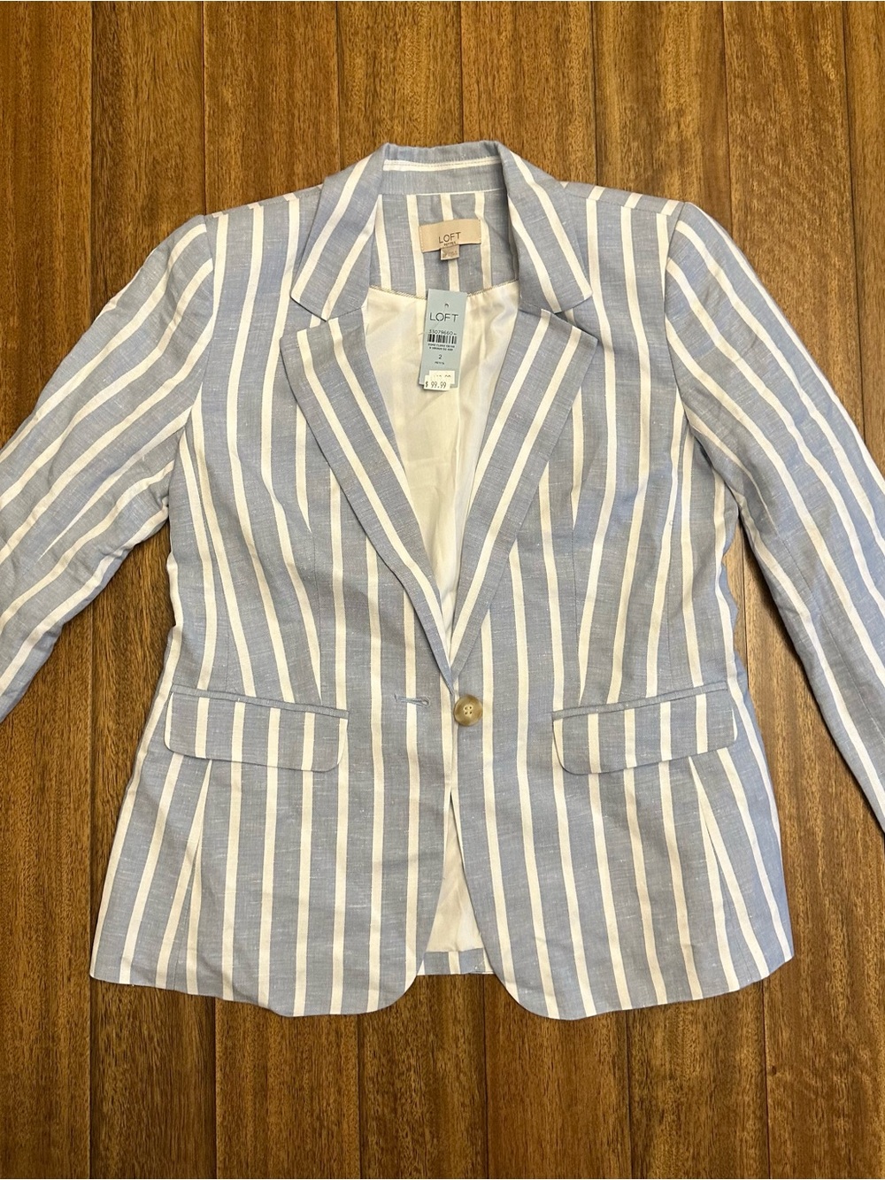 LOFT Petites 2P Blue White Striped Linen Blend Lined Button Blazer Pockets